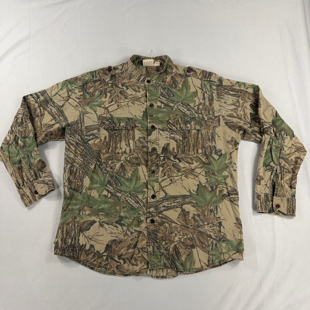 VTG Sports Afield Shirt Realtree Camo Mandarin‎ Collar Hunting Utility Men XL